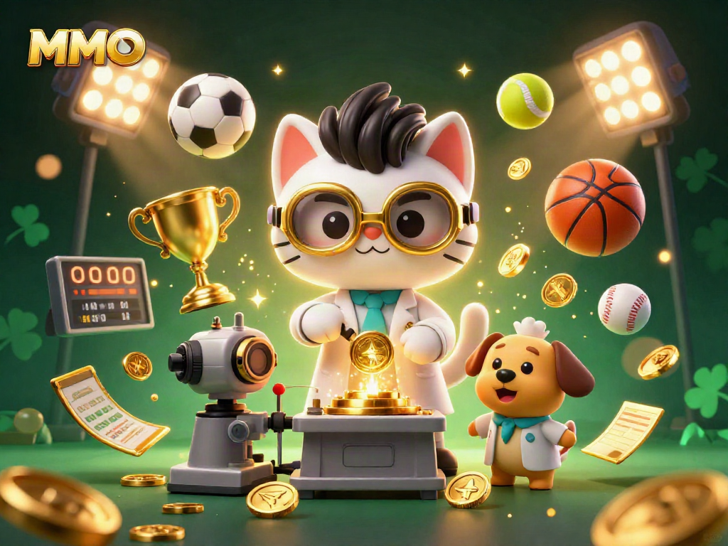 MMOO sports betting scene with mad scientist cat and dog amidst dynamic sports elements.