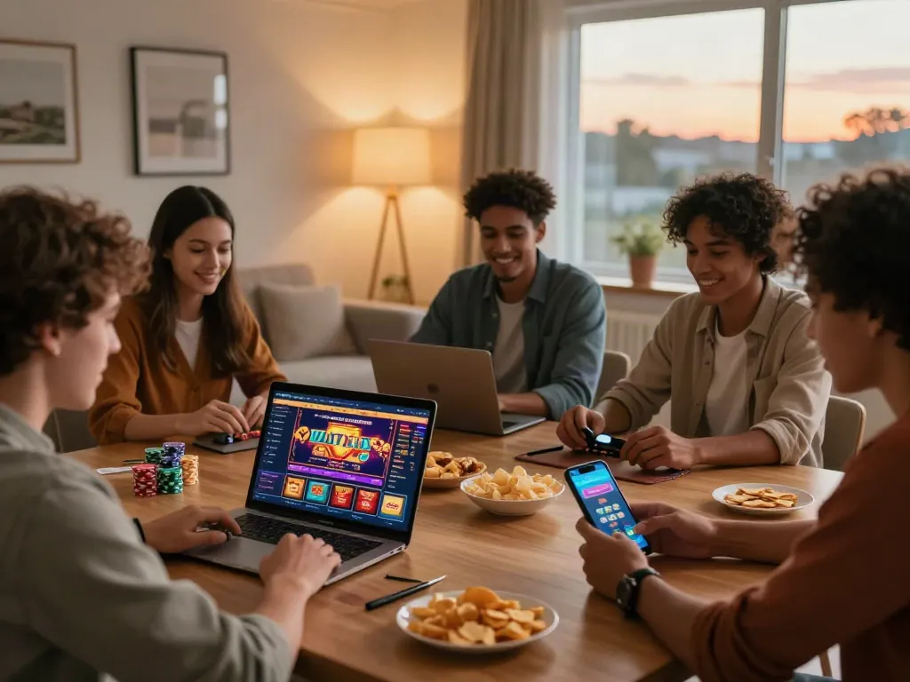 Group of friends playing non Gamstop casino games at home in a cozy setting.