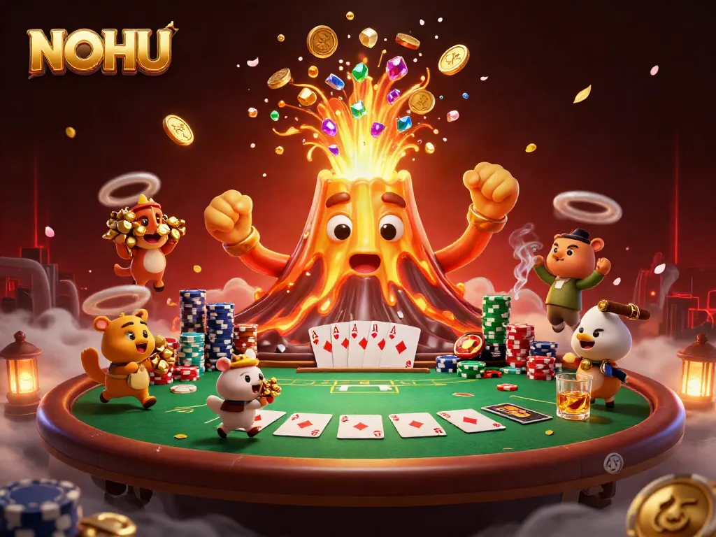 NOHU showcases a triumphant golden volcano amidst casino treasures, blending exciting gaming elements.