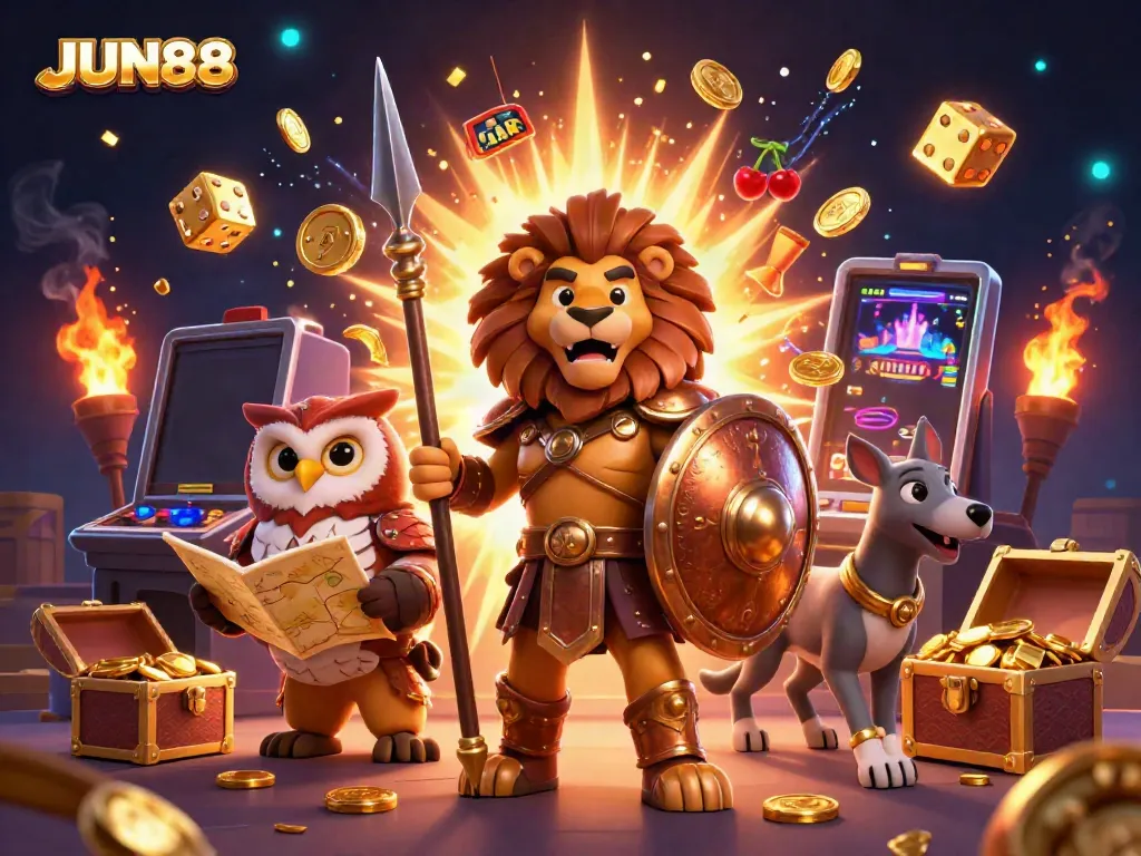 Experience the excitement of JUN88 with a heroic lion, tactical owl, and swift greyhound amid a casino jackpot explosion.