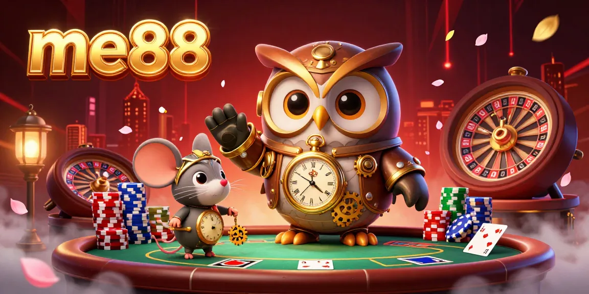 Experience thrilling gameplay with me88's vibrant live casino illustrated scene featuring striking casino elements.