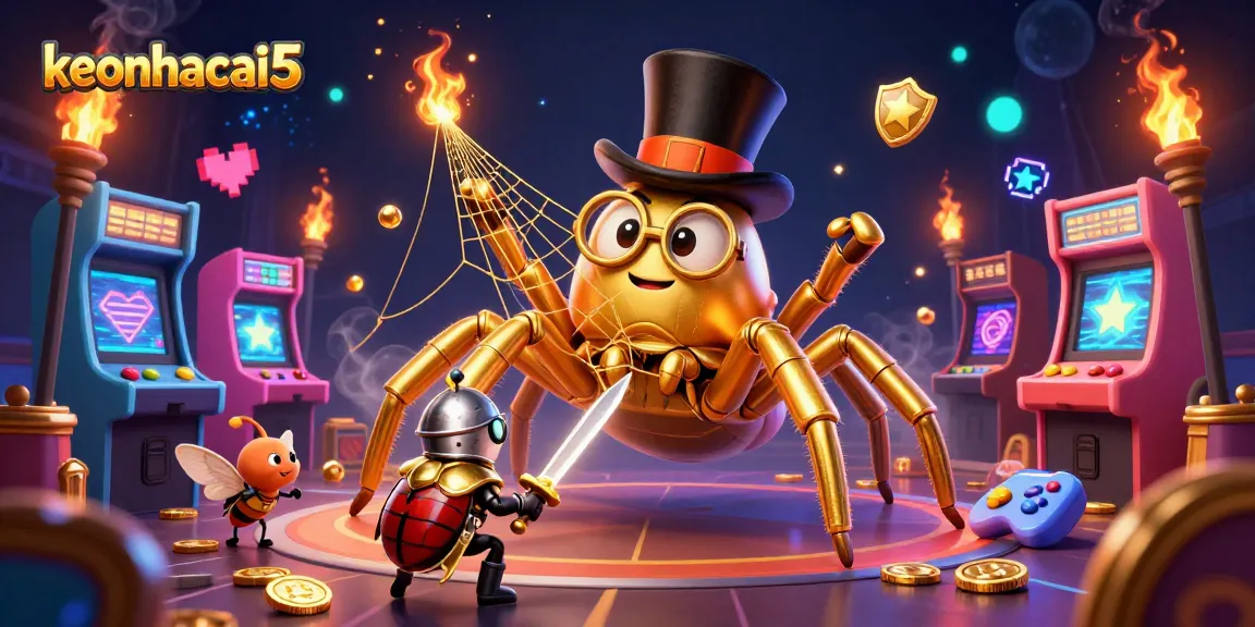 Engage with keonhacai5 in a vibrant casino adventure featuring a golden tarantula and beetle knight.