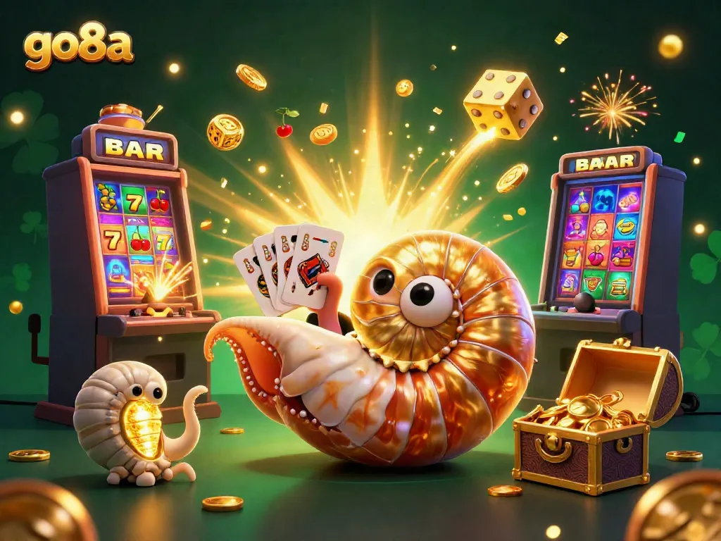 Engage with go8a's vibrant casino world featuring a golden nautilus roulette, game symbols, and jackpots.