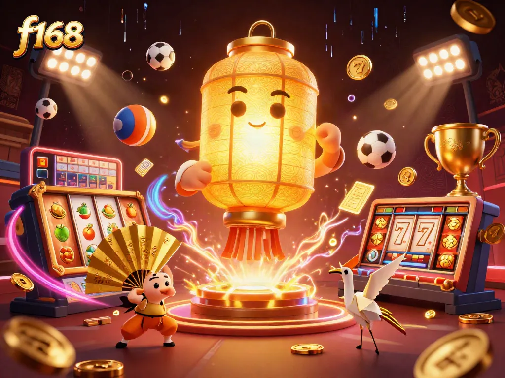 Experience thrilling wins at f168 with a vibrant 3D casino scene featuring dynamic games and spirits.