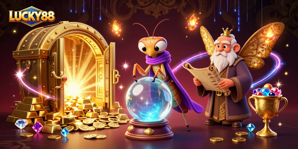 Experience the excitement of LUCKY88 with a vibrant casino-themed illustration featuring fortune tellers and treasures.
