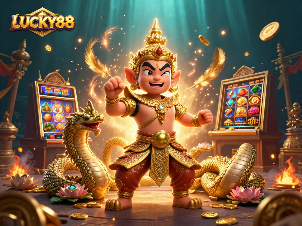 LUCKY88 showcases a vibrant 3D illustration featuring a golden guardian with slot machine elements.