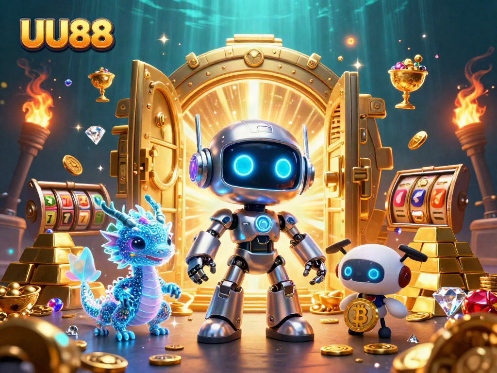 Engage with the thrilling world of UU88 casino games, featuring a vibrant 3D illustration of a cyberpunk mascot.