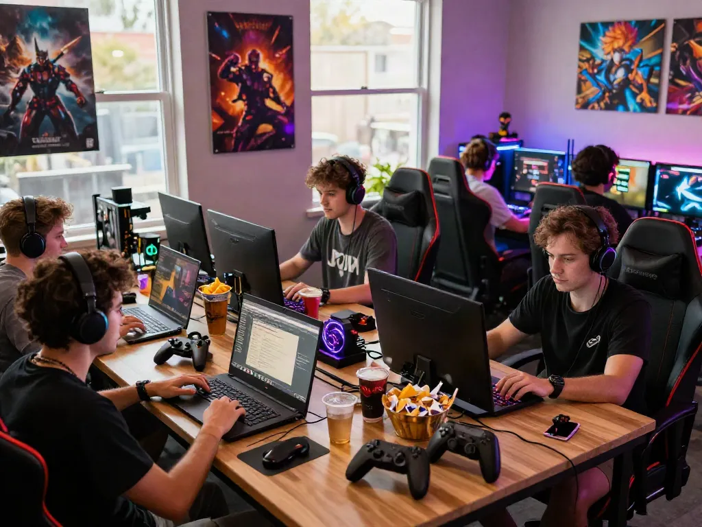 Engaged friends gaming at a vibrant online gaming lounge focused on non gamstop experiences.