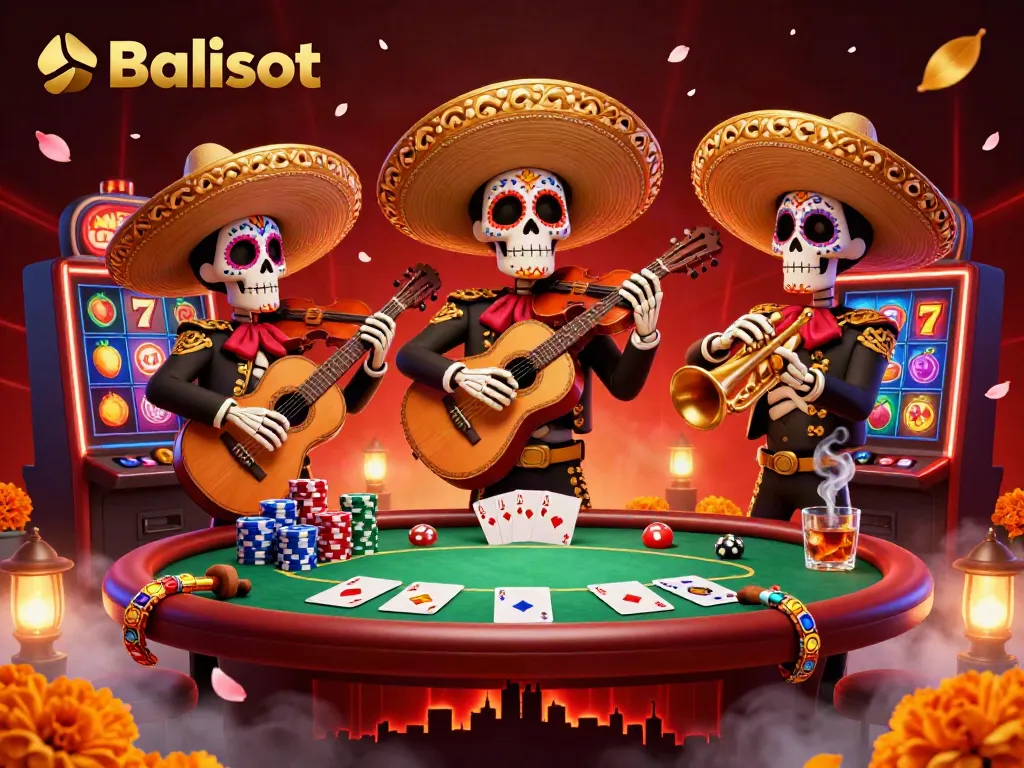 Engage with Balislot's festive casino scene featuring a skeleton mariachi band amidst vibrant slot machines and colorful poker elements.