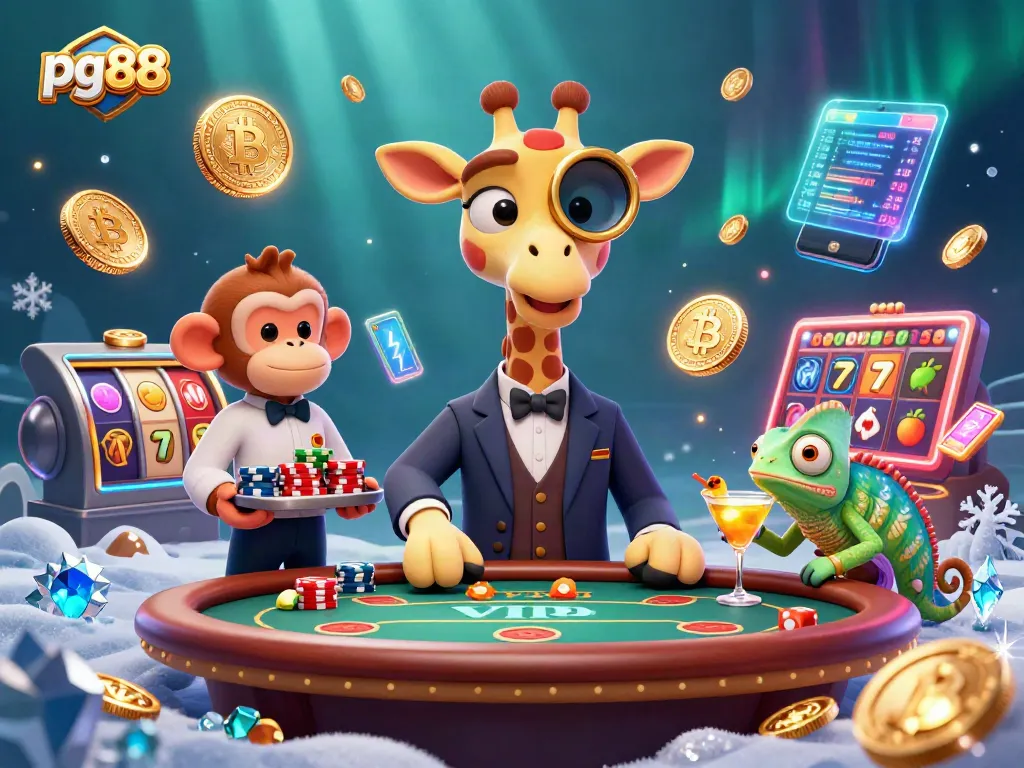 Engage with pg88's vibrant casino scene with a high-roller giraffe, lively characters, and dynamic gaming elements.