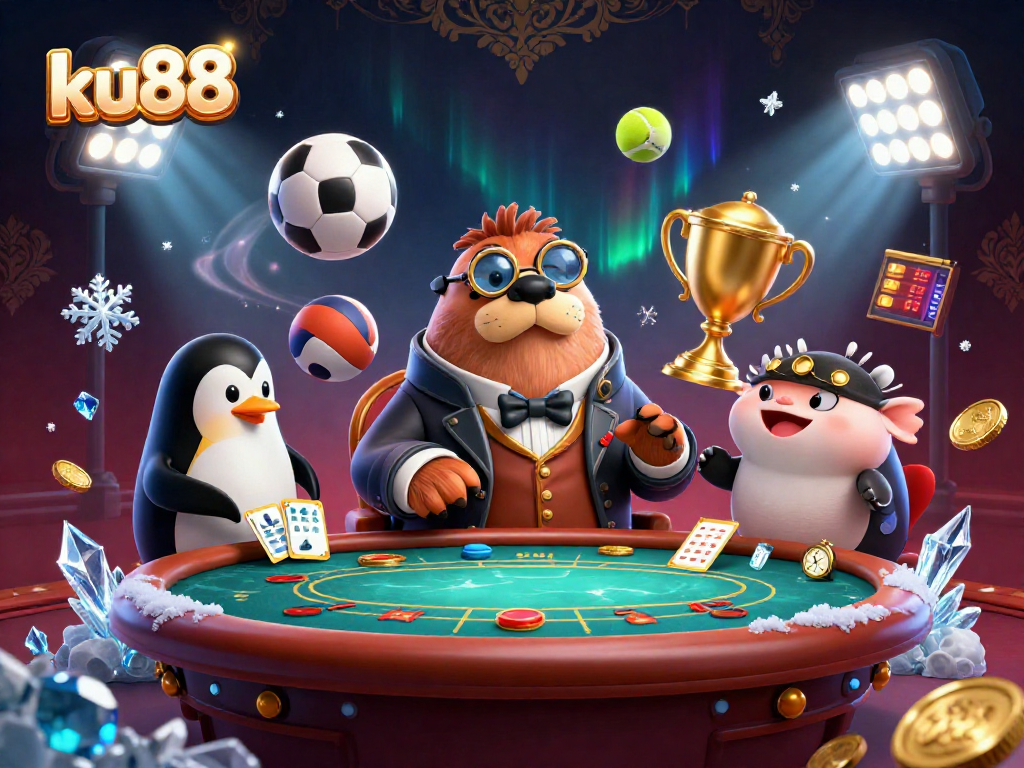 ku88 showcases a whimsical card game scene featuring a jolly walrus and friends enjoying poker at an underwater table.