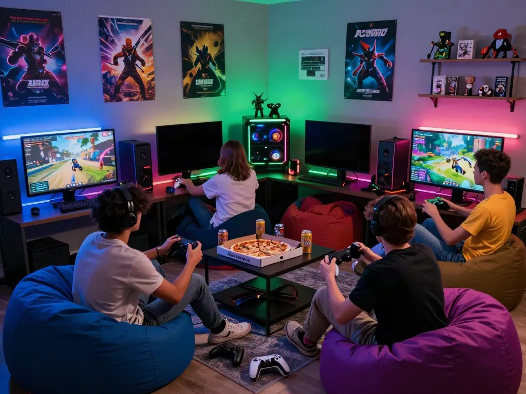 Group of friends enjoying non gamstop gaming session in vibrant room.