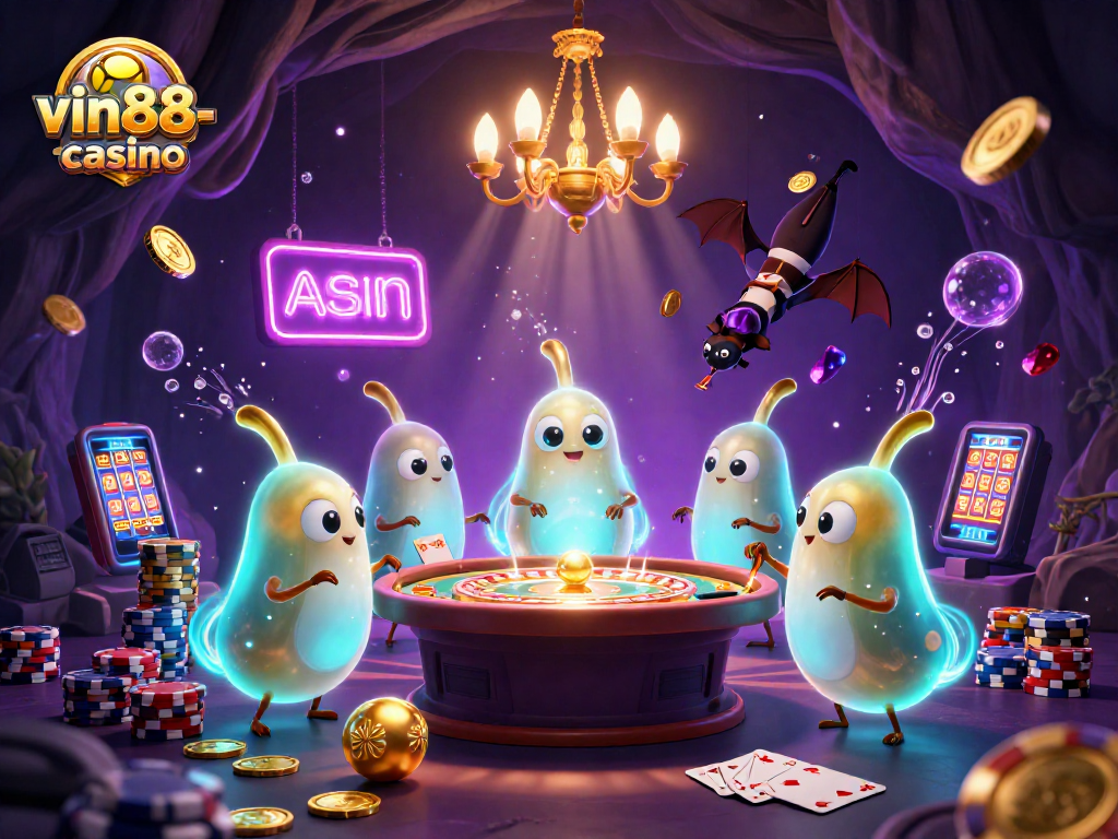 vin88-casino illuminates a vibrant casino scene with glowing glowworms and a bat dealer for a thrilling gaming atmosphere