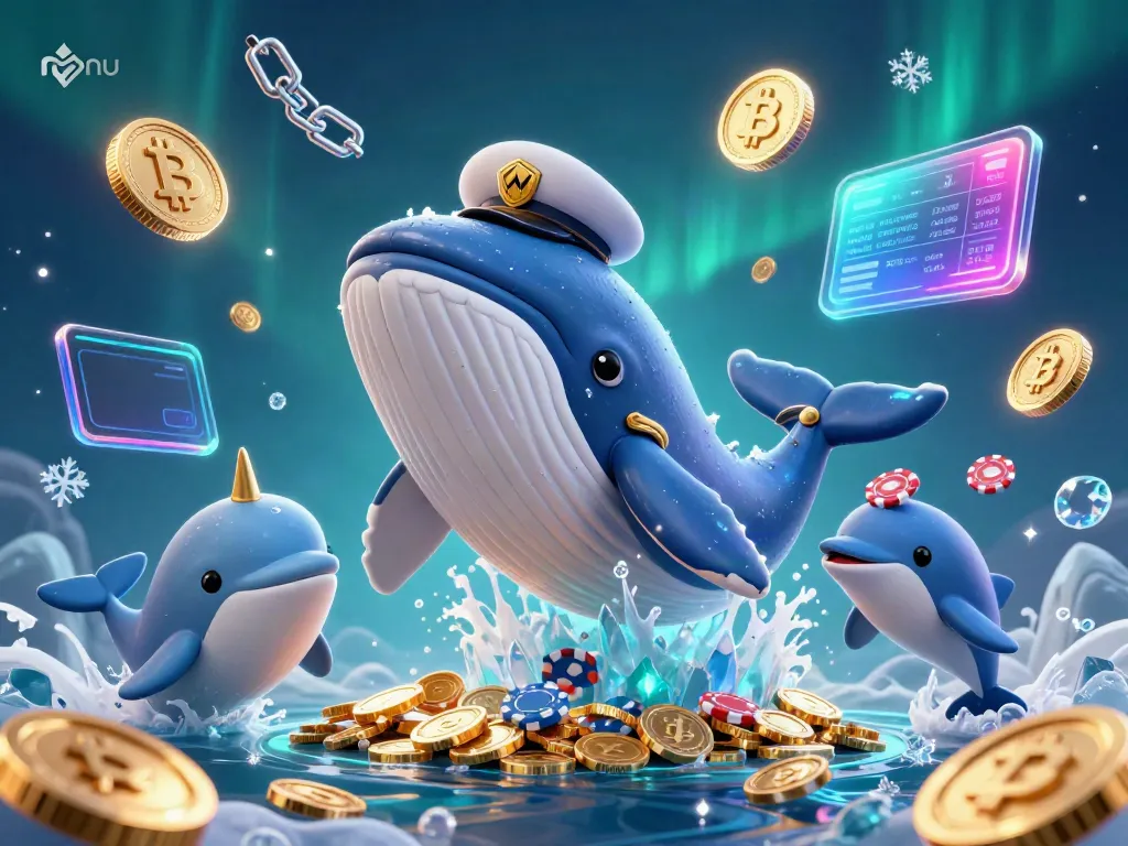Win jackpots with nohu at this vibrant 3D casino scene featuring playful whales and sharks.