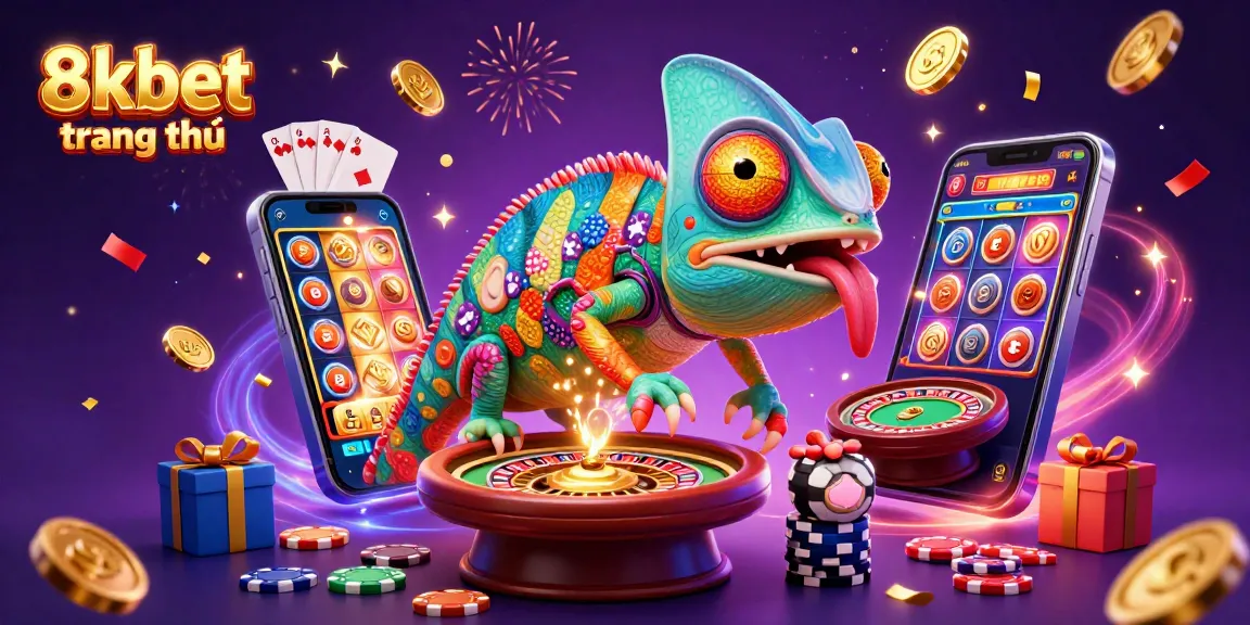 Engage with 8xbet trang chủ through vibrant casino adventures featuring a joyous chameleon and dynamic gaming elements.