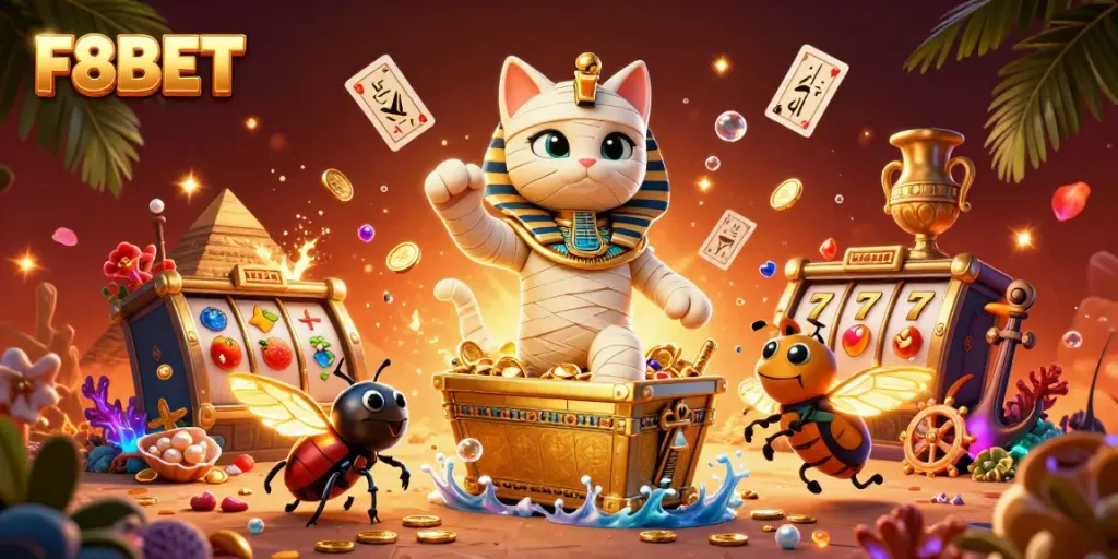 Experience the excitement of F8BET as the Egyptian mummy cat bursts from a golden sarcophagus in a vibrant casino.