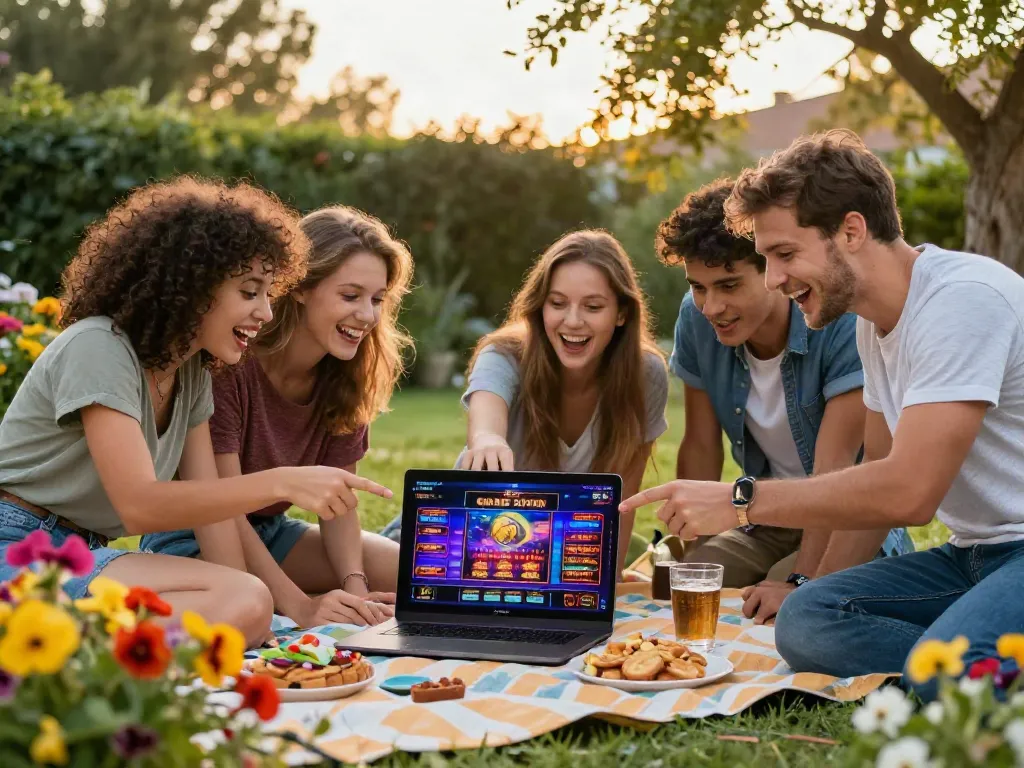 Group exploring non Gamstop casino options in a vibrant garden.