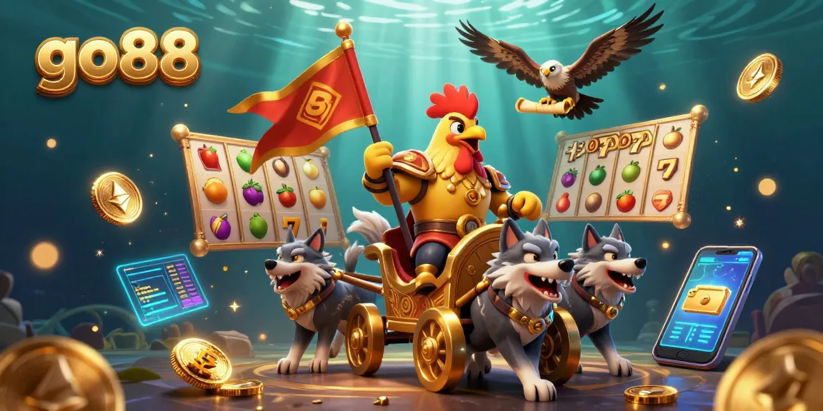 Engage with go88's thrilling gaming experience featuring a rooster warlord and vibrant slot elements.