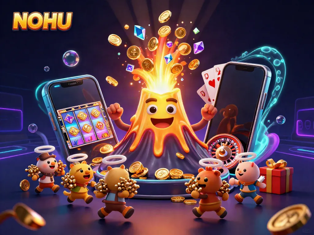 NOHU casino scene featuring a golden volcano erupting coins, animals escaping treasures, and dynamic slot games.