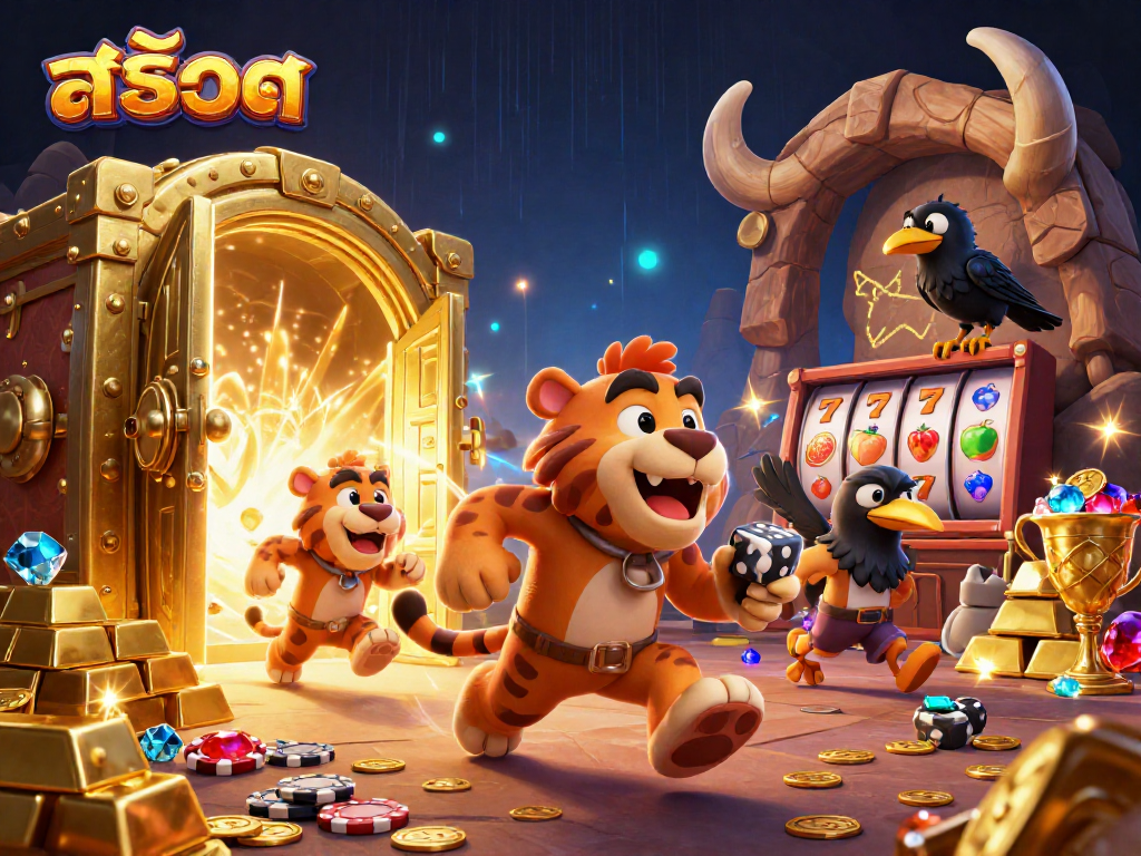 Experience thrilling สล็อต action with our vibrant caveman casino scene filled with gold and jewels.