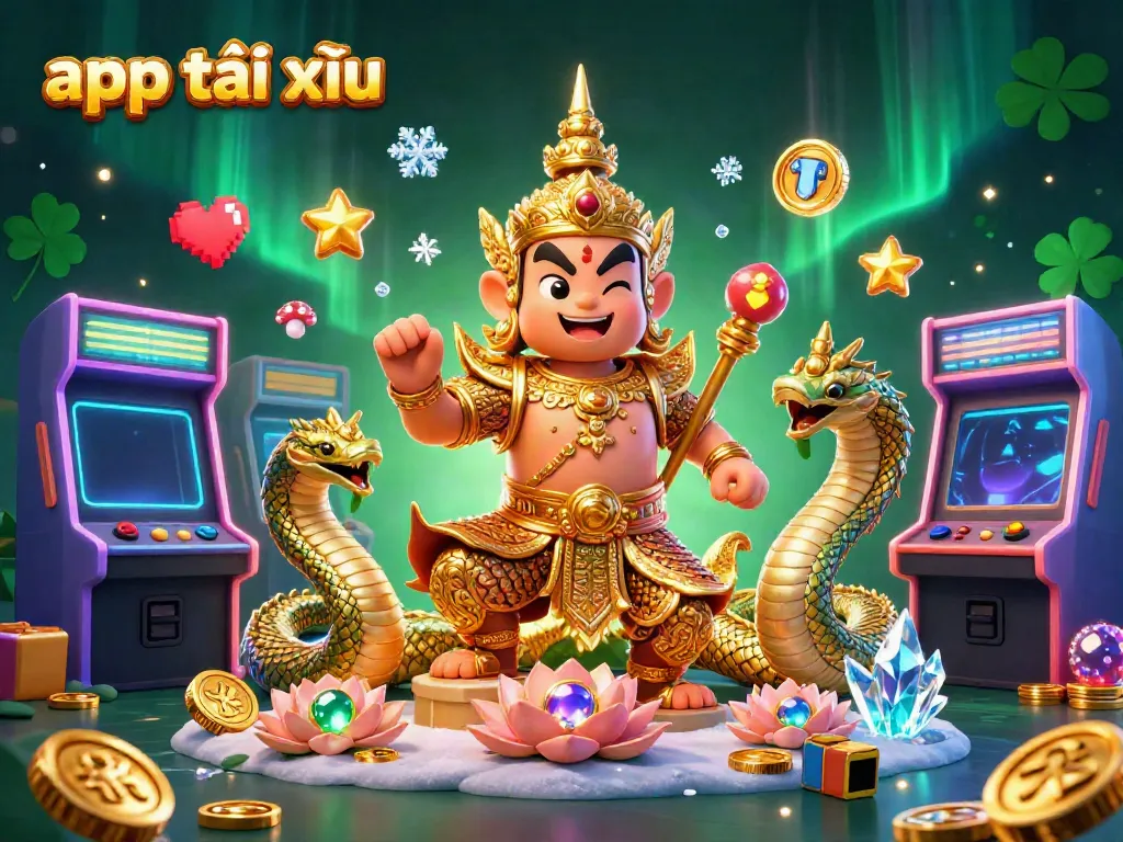 Experience thrilling app tài xỉu action set within a vibrant 3D illustrated scene rich in gaming elements.