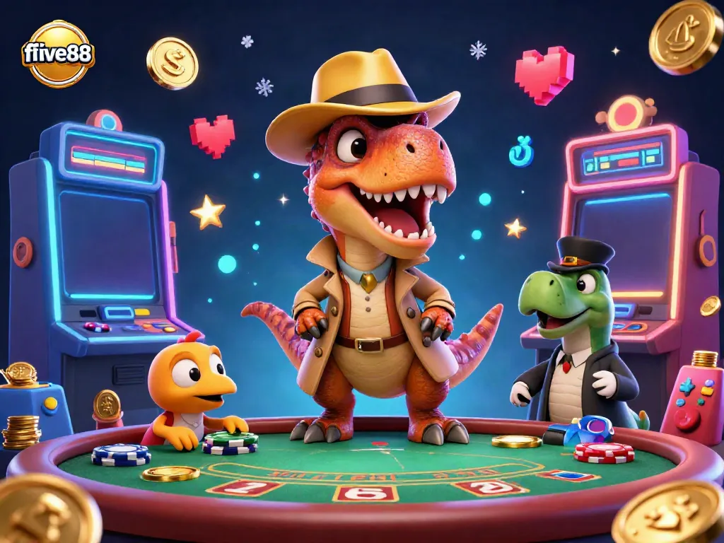 Experience thrilling gaming action at five88 with a cartoon velociraptor card counter at a black jack table.