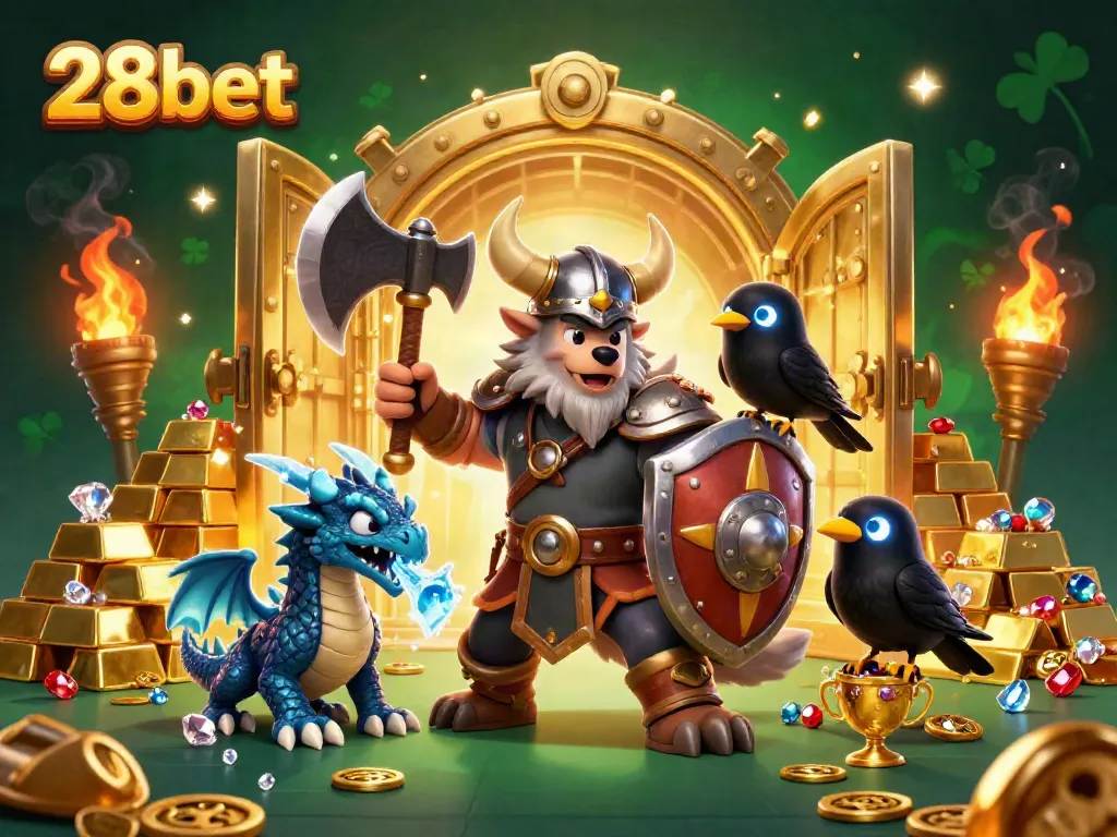 Experience the excitement of 28bet's online casino with a Viking warrior and dragon amidst treasures.