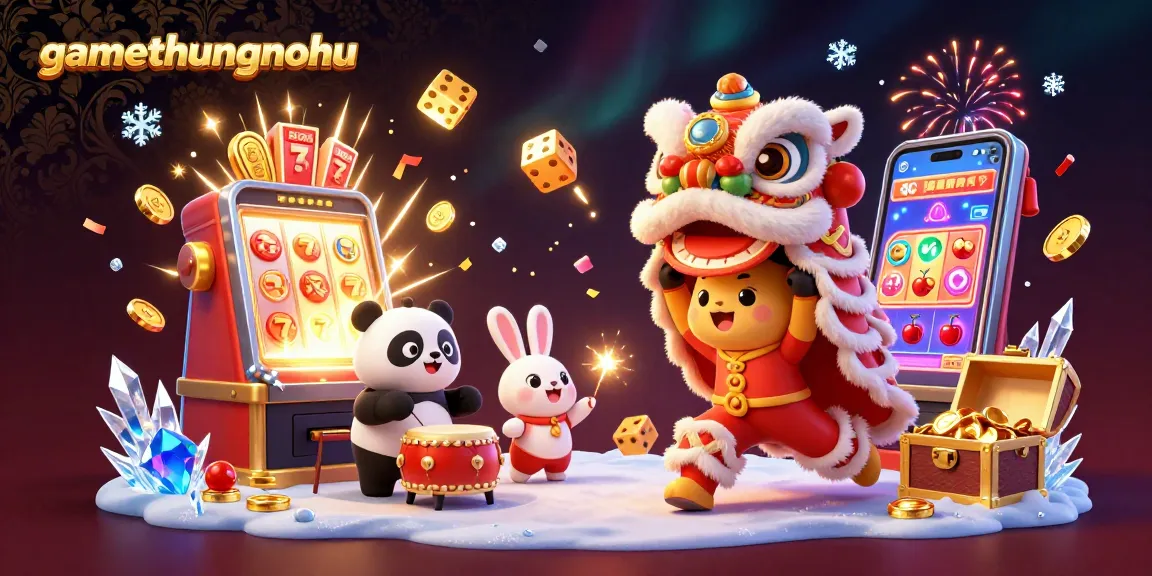 Experience the thrill of gamethuongnohu with a 3D lion dance, slot machine jackpots, and vibrant casino elements.