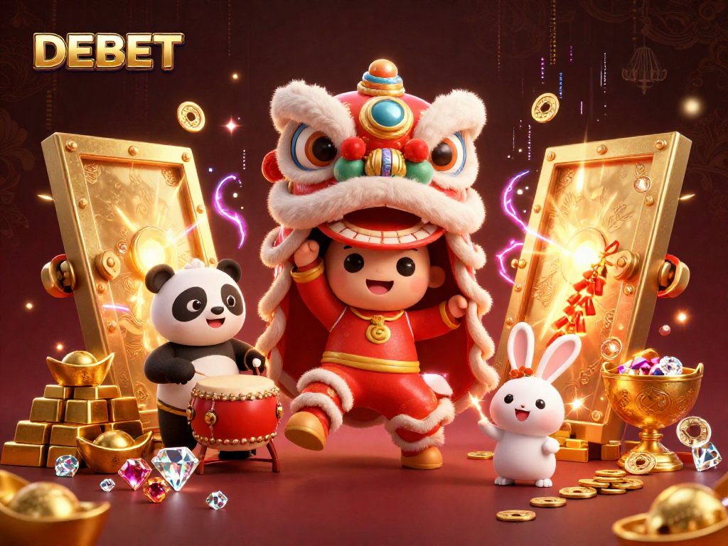 Join the DEBET fun with vibrant lion dance characters amid dazzling casino treasures!