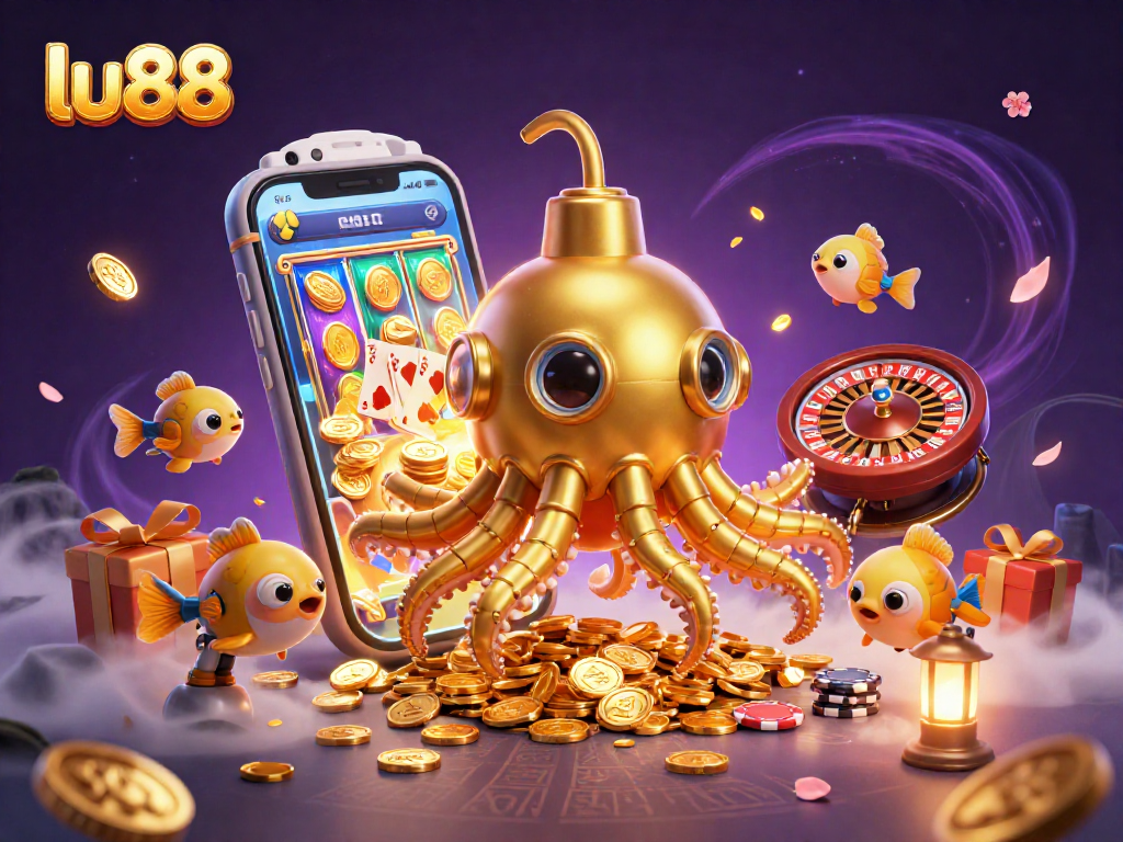 lu88 engages players with golden kraken submarine and dynamic casino elements in vibrant 3D illustration