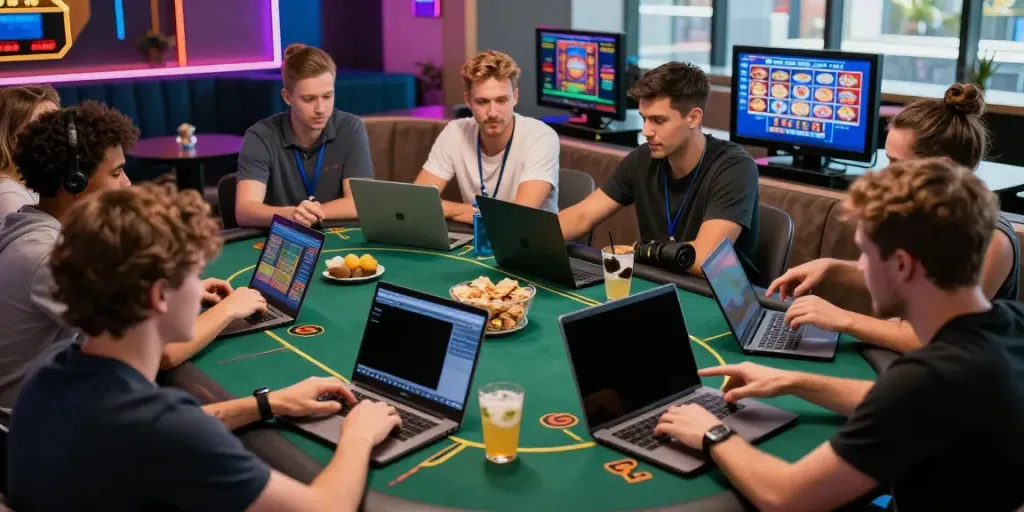 Diverse players exploring non GamStop casinos in a vibrant online gambling lounge.