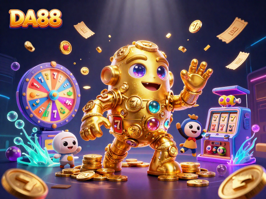 Engage with DA88's dynamic slot machines and golden golem in a vibrant casino scene.