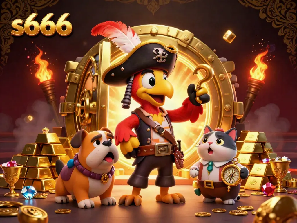 s666 illustrates a dynamic casino scene with pirate characters and treasures, captivating bettors in gaming adventures.