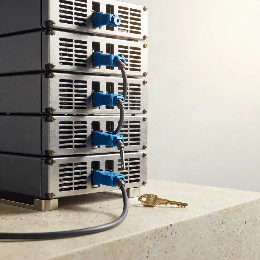 Brushed server blades, braided cable arc and hardware key on pale stone under airy studio light.