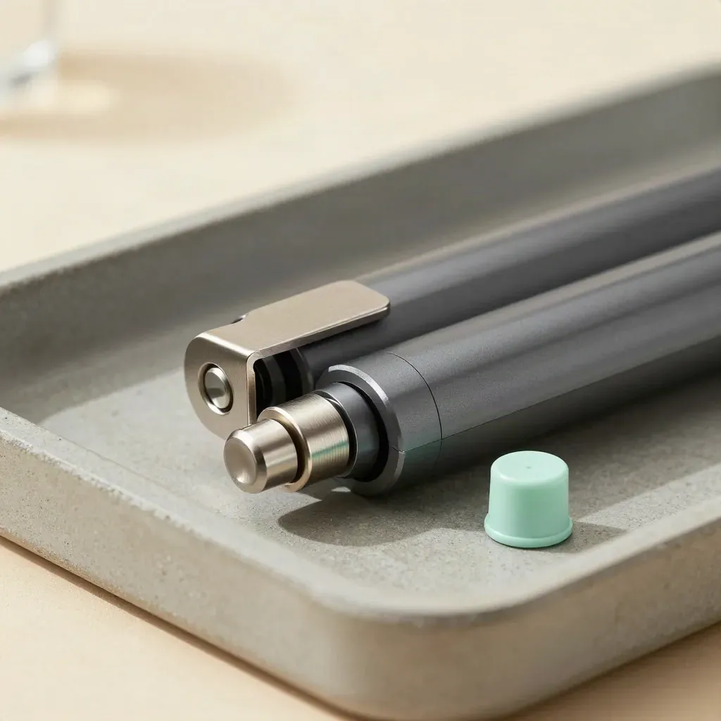 Macro of a rollback cartridge, return latch and mint cap on cool concrete.