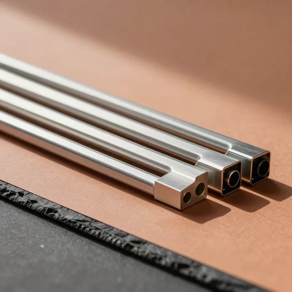 Top-down rack rails, cable comb, and connector blocks on terracotta clay with soft metal shadows.