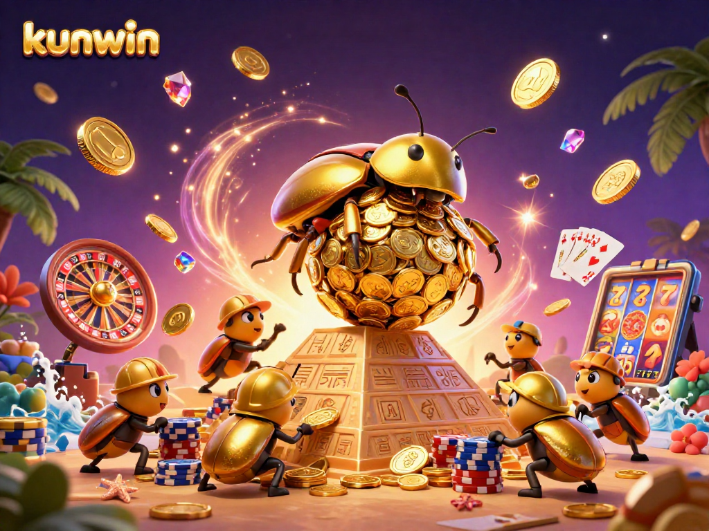 Experience exciting action with kunwin as golden beetles roll in a vibrant casino scene.