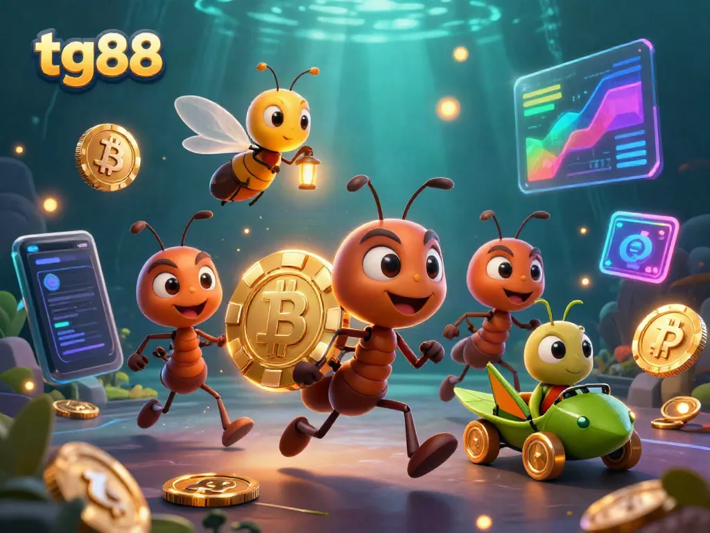 Experience a thrilling tg88 heist as ants carry a massive poker chip amidst vibrant casino elements.