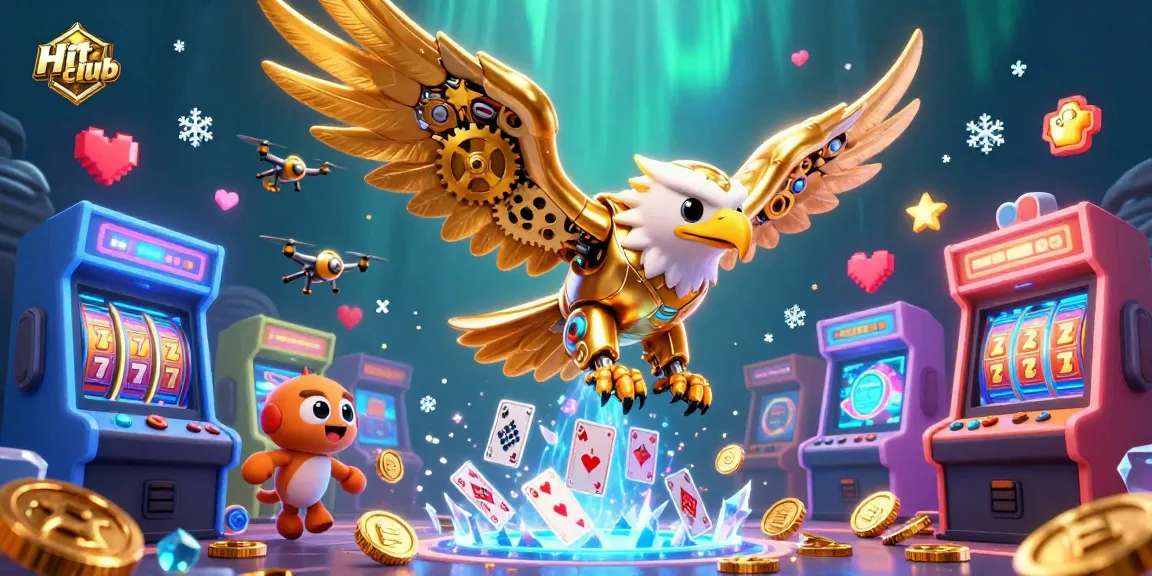 Experience the thrill of Hit club with a golden eagle diving through vibrant gaming elements and holographic cards.