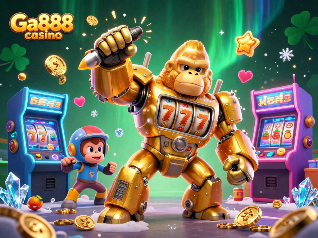 Engage with the exciting Ga888 casino scene featuring a dynamic golden gorilla mech and interactive gaming elements.