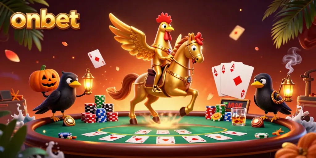 Experience thrilling gameplay with onbet as a golden rooster rides a spectral horse in a vibrant casino.