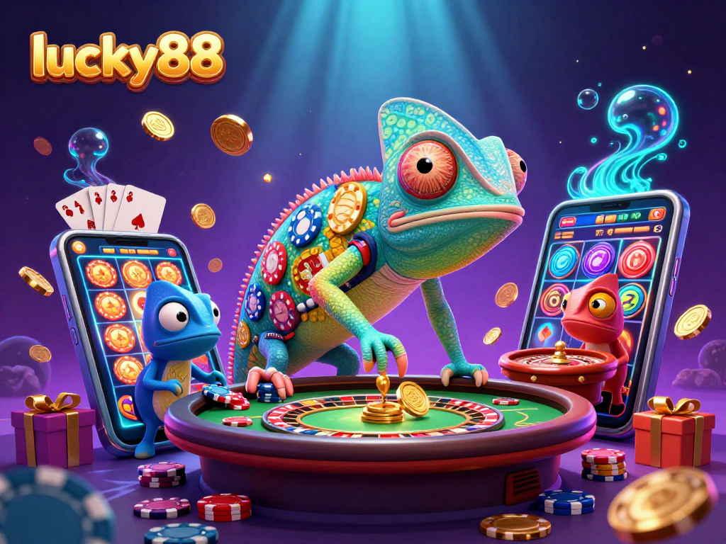 Win big with lucky88 at the casino, featuring a vibrant chameleon and exciting game elements.