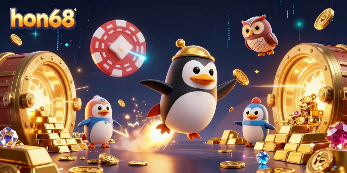 Experience the thrill of hon68 with a golden penguin flying towards a majestic casino, surrounded by treasures.