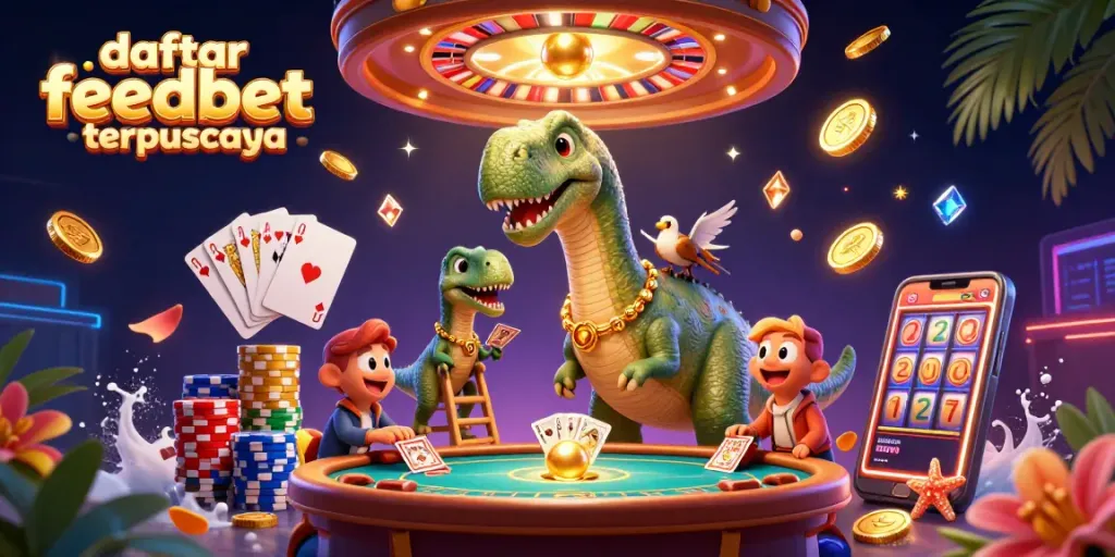 Experience the allure of daftar feedbet terpercaya with a fantastical casino scene featuring animated characters and dynamic game elements.