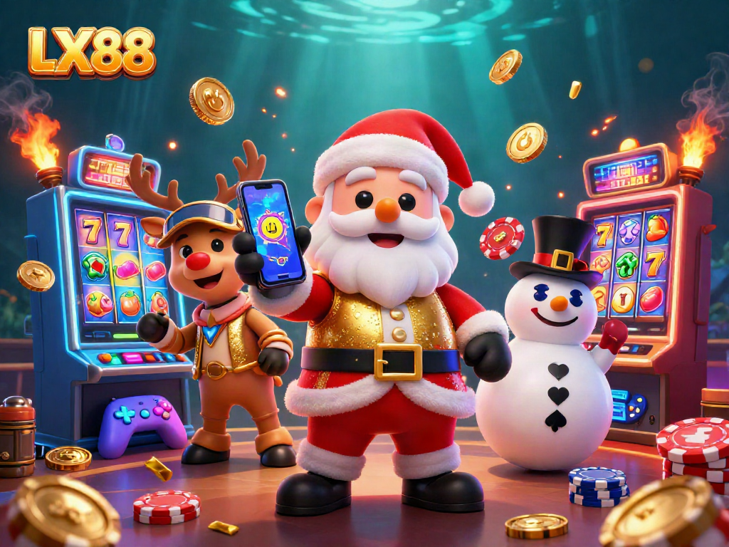 LX88 features a lively scene with Santa and his friends celebrating a jackpot at a vibrant casino.