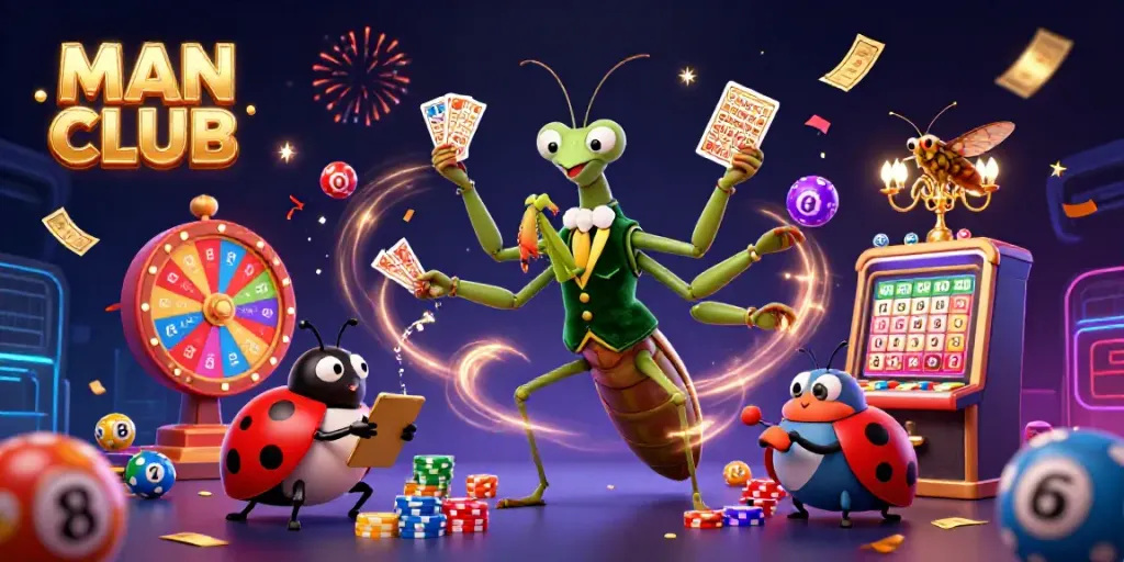MAN CLUB showcases a vibrant casino scene with a giant mantis dealer, colorful lottery elements, and a lively atmosphere.