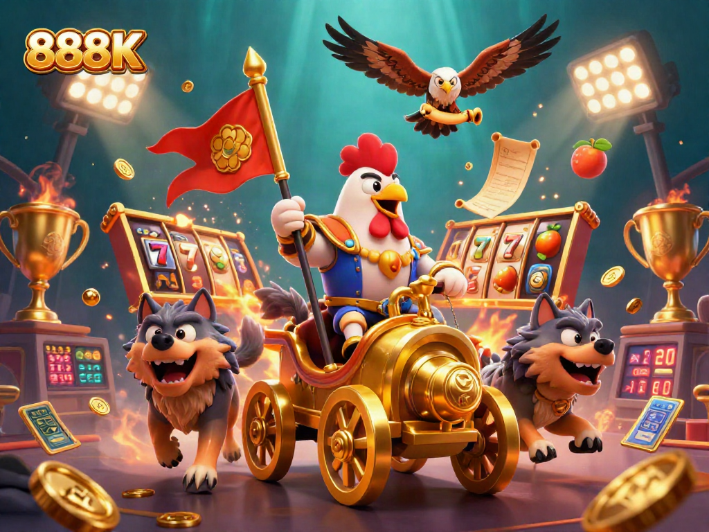 Join the excitement at 888K with a dynamic 3D casino scene featuring bold characters and vibrant slot elements.