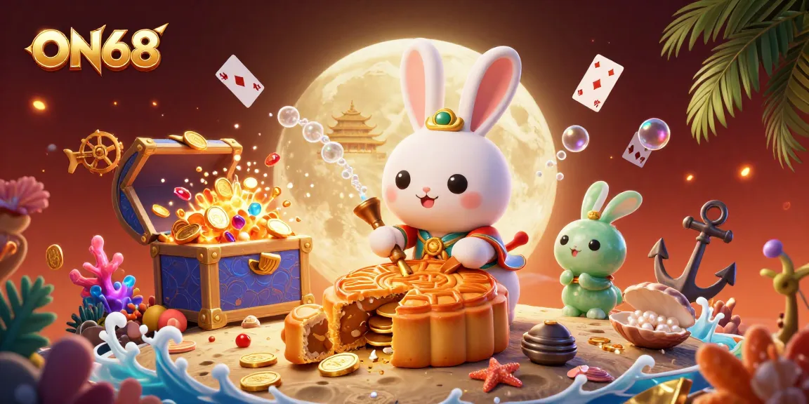 Join the ON68 moon rabbit uncovering hidden poker chips in a vibrant casino scene.
