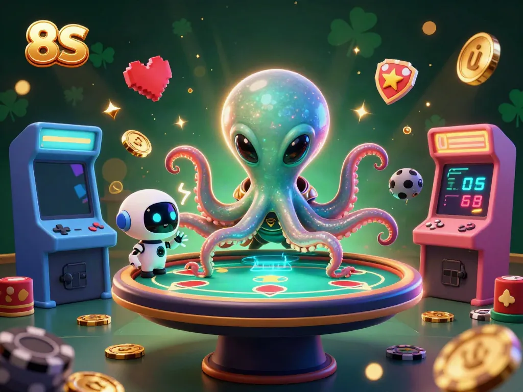Experience exciting poker gameplay at 8S with a holographic table and animated alien characters.