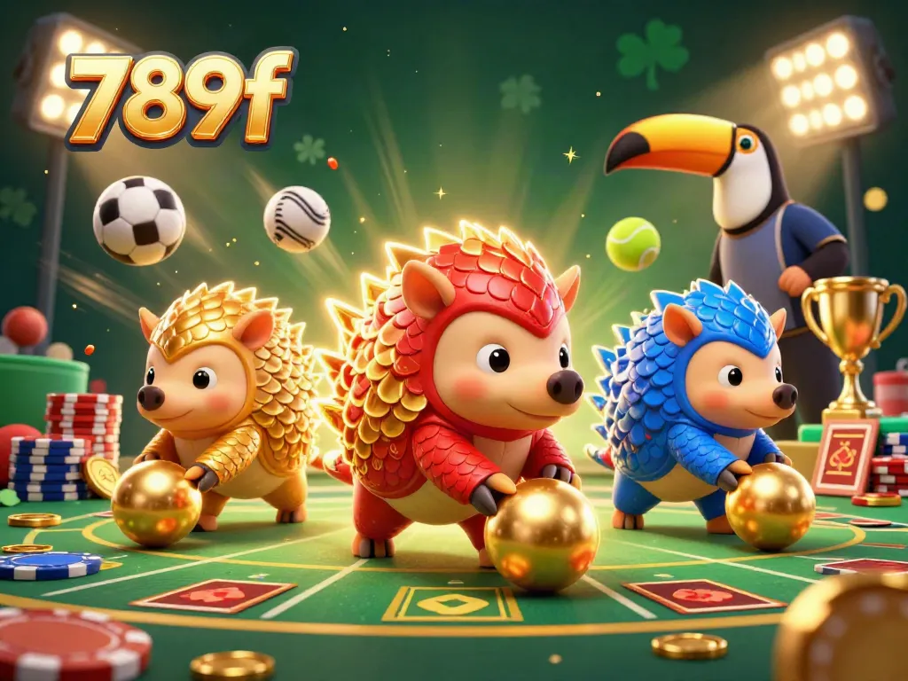 Experience thrilling gaming action with 789f as rival pangolins roll through poker chips in a vibrant casino scene.
